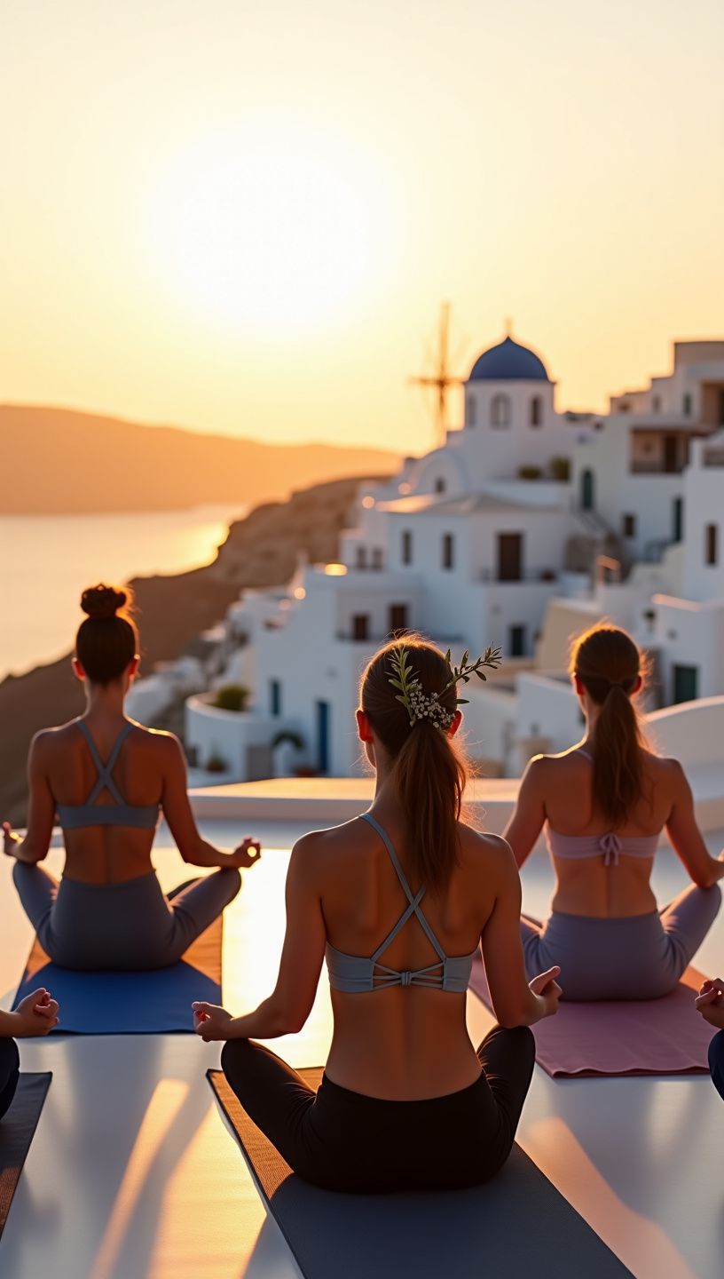 Προβολή γιόγκι που εκτελεί στάσεις σε γαλήνια ελληνική παραλία.