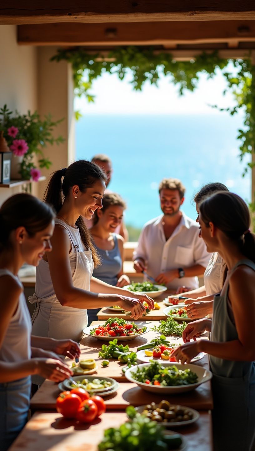 Προϊόντα της μεσογειακής διατροφής σε τραπέζι με γιόγκι γύρω του.