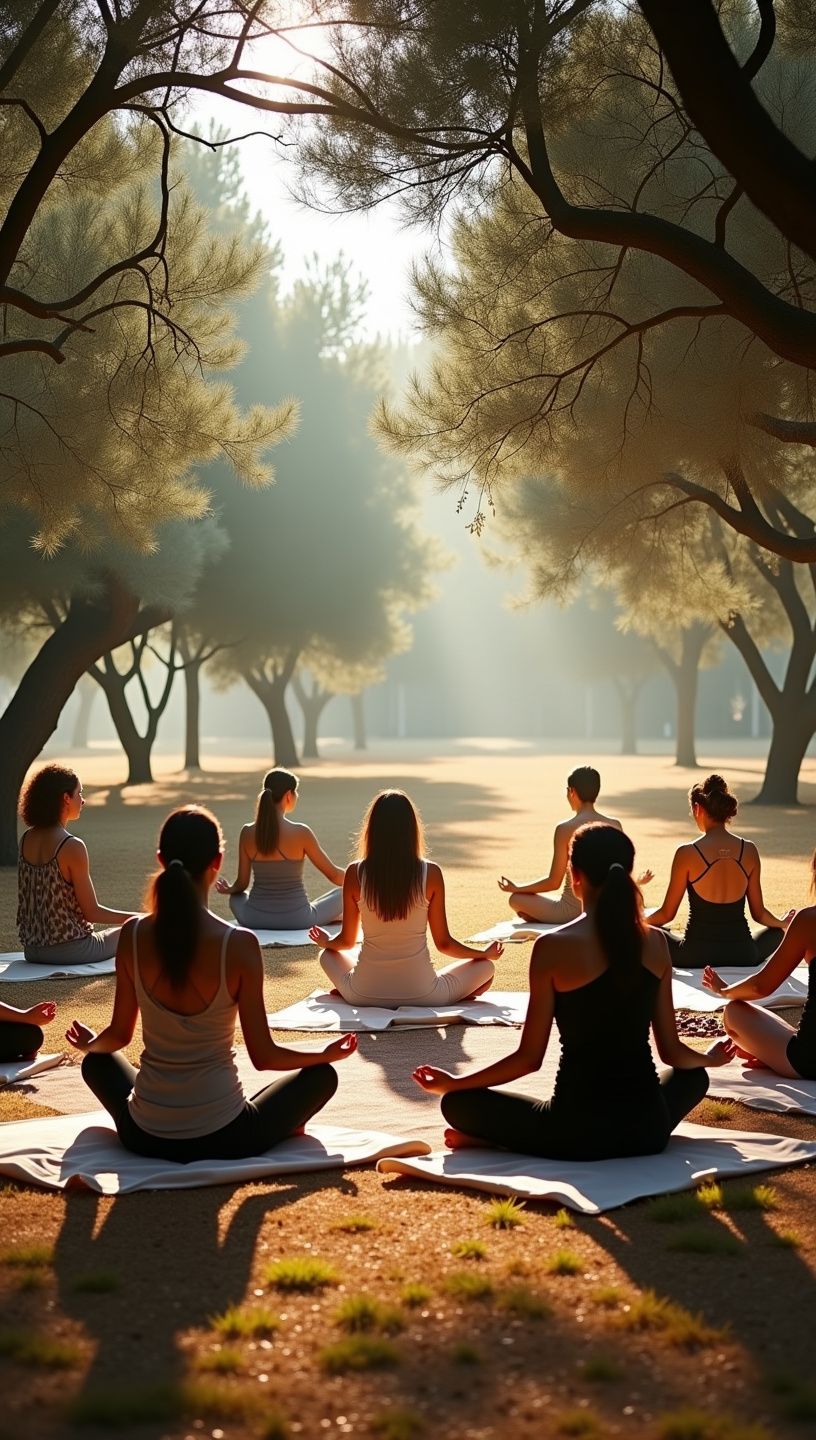 Σκηνή του ηλιοβασιλέματος με άτομα που κάνουν γιόγκα