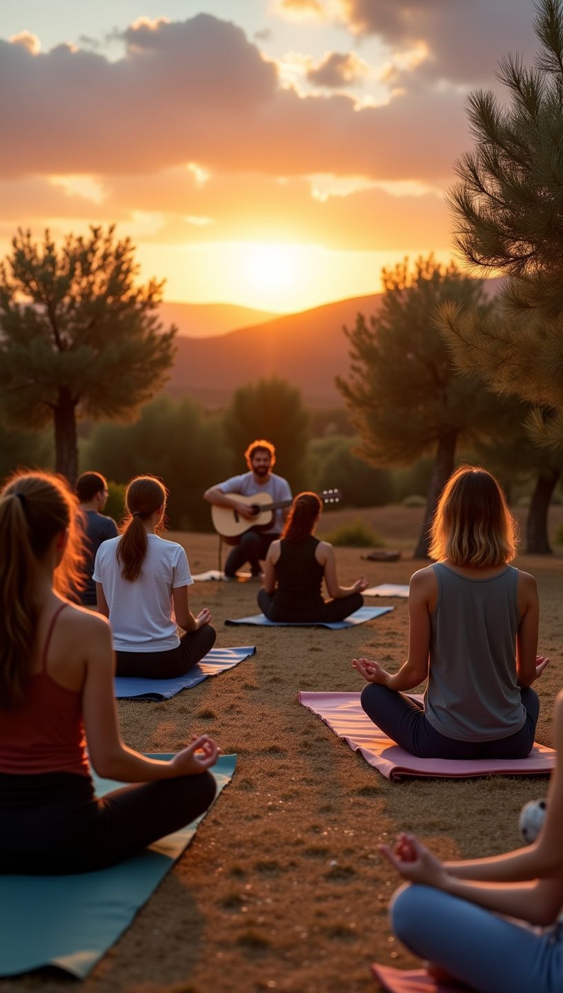 Σκηνή γιορτής με παραδοσιακή ελληνική μουσική και γιόγκα