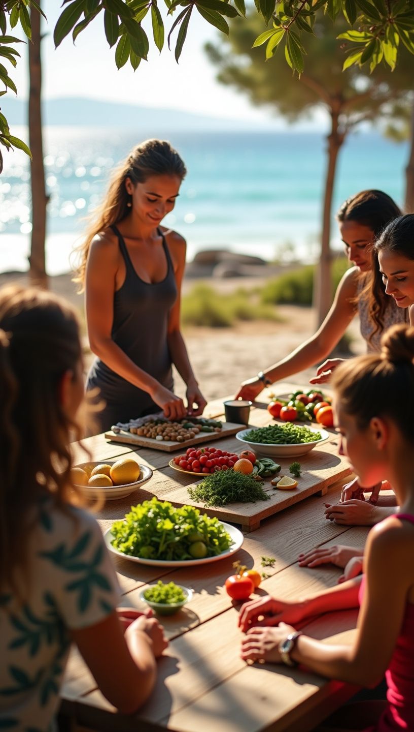 Μια γυναίκα που ασκεί γιόγκα σε παραλία με ελιές στο φόντο